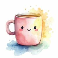 Cute watercolor illustration of a mug in kawaii style. Generative AI photo