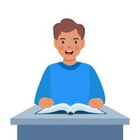 Primary school boy pupil sit at desk. Elementary education. Kid getting knowledge on lesson in class. Vector illustration.