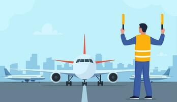 Aviation marshaller in uniform navigate with light sticks. Air traffic controller in signal vest at aircraft runway. Airplane landing. Airport crew. Standing man with sticks. Vector illustration.