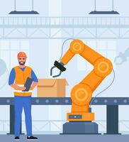 Automation production line with robot technologies. Engineer in orange vest and protective helmet controls the process. Robotic arms collect goods in boxes. Vector illustration.