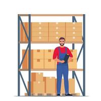 Warehouse worker and rack with cardboard boxes. Logistic Delivery Service Concept. Vector illustration.