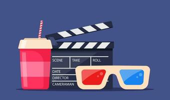 Movie time. Composition with soda, clapperboard, 3d glasses. Cinema poster, banner design for movie theater. Vector illustration.