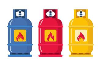 LPG. Flammable gas tanks, set. Propane, butane, methane gas tank. Gas cylinder bottle. Vector illustration.