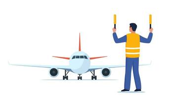 Aviation marshaller in uniform navigate with light sticks. Air traffic controller in signal vest at aircraft runway. Airplane landing. Airport crew. Standing man with sticks. Vector illustration.