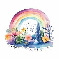 Watercolor rainbow illustration, floral art, clipart, single element for design on white background. Generative AI photo