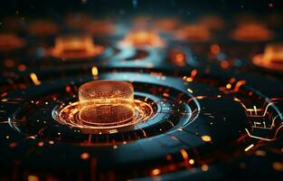 Science fiction background with glowing particles in 3D rendering with bokeh and depth of field. Particles create surface grids and lines. space or the microcosm. AI Generative photo