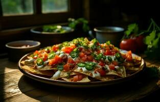 el cálido, pegajoso queso y picante tomate salsa son el Perfecto combinación. yo amor teniendo meriendas mientras yo trabajar, y estos nachos golpear el lugar. ai generativo foto