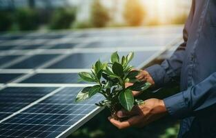 The generation of sustainable green energy using solar energy panel photovoltaic cells and wind turbine farms is a friendly enterprise. Concept of clean, sustainable development. AI Generative photo