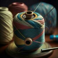 Thread and needle close-up view color yarn, dexterity, handicraft sewing, bobbin, spinning. AI Generative photo