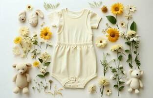 Composition of baby garments in flat lay. Eco-friendly natural fashion. Top shot of toddler style accessories isolated on white background. AI Generative photo