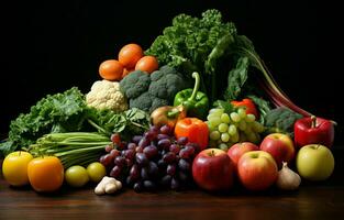 On the left side of the table, with copy space, is a balanced arrangement of vibrantly colored, perfectly ripe fruits and vegetables. AI Generative photo