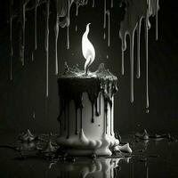 white wax candle burning dripping, flowing in black or dark light fire burn old building background. AI Generative photo