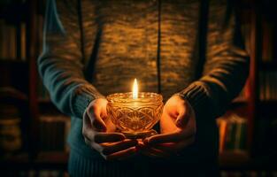 A hand holds a book in a dimly lit room, illuminated by a lamp. AI Generative photo