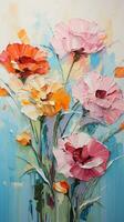 Oil painting flowers on canvas. Colorful floral background. AI Generated. photo