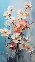 Oil painting flowers on canvas. Colorful floral background. AI Generated. photo