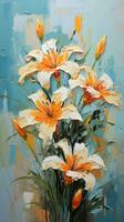 Oil painting flowers on canvas. Colorful floral background. AI Generated. photo