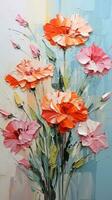 Oil painting flowers on canvas. Colorful floral background. AI Generated. photo