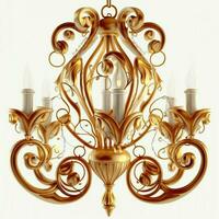 A chandelier with a golden hue, set against a white background with no other objects present. AI Generative photo