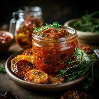 Sun Dried Tomato Preserving in a Glass Jar with Thyme and Garlic. AI Generative photo