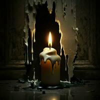 white wax candle burning dripping, flowing in black or dark light fire burn old building background. AI Generative photo