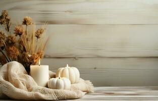 White pumpkins, a sweater, a candle, and natural decor create a cozy fall corner border. Aerial perspective on a rustic white wood banner background. AI Generative photo