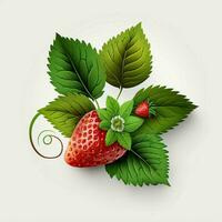 Strawberry with leaves white background fruit healthy fresh green leaves red. AI Generative photo