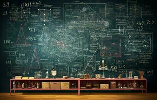 Scientific formulas and calculations in physics, mathematics, and electrical circuits are written on a blackboard. Background in science and education. AI Generative photo