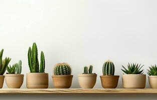 Cactus plants on a white wall with a wood shelf. Banner with copy space on the side. AI Generative photo