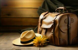 On a wooden background, a close-up of a bag with a passport and packed clothes. The concept of travel and vacation. AI Generative photo