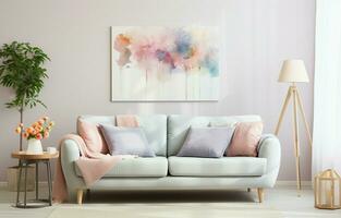 pintura en blanco pared encima sofá con cojines en interior vivo habitación con sillas y mesa debajo metal lámpara. ai generativo foto