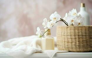 Wicker basket with white linen, washing gel, and fabric softener on a white table with orchid flowers. Mockup laundry day header with copy space. AI Generative photo