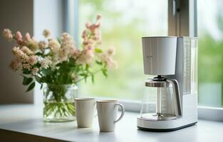 Coffee maker, and a cup of coffee on a modern white kitchen tabletop, countertop with copy space. This is set against a blurred backdrop of a modern, elegant, bright kitchen. AI Generative photo