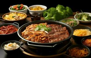 Various side dishes and galbi soup in a hot pot. AI Generative photo