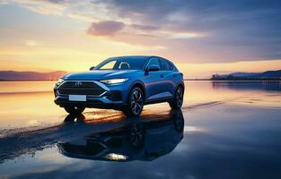 At dusk, a blue compact SUV with a sporty, contemporary appearance is parked on a concrete road by the water. ecologically sound technology. Concept of business success. AI Generative photo