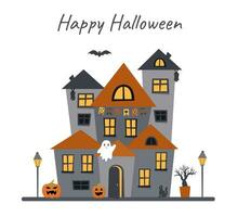 Halloween house with ghost and pumpkins vector