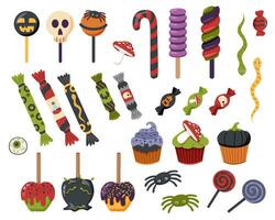 Set of Halloween candies, cupcakes and apples vector