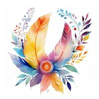 Colorful watercolor feather in boho style. Illustration, rainbow art, clipart for design. Generative AI photo