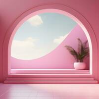 Pink space, podium, product display room. Simple scene for advertising cosmetics, items, goods. Generative AI photo
