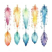 Colorful watercolor feather in boho style. Illustration, rainbow art, clipart for design. Generative AI photo