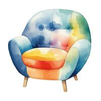 Watercolor illustration of a modern armchair in retro style. Single element, clipart, boho, cozy. Generative AI photo