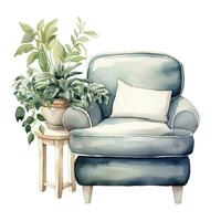 Watercolor illustration of a modern armchair in retro style. Single element, clipart, boho, cozy. Generative AI photo