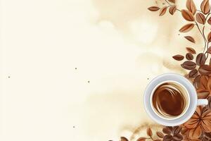Cup of coffee on a white background, empty space for design, grains, surface, banner. Generative AI photo