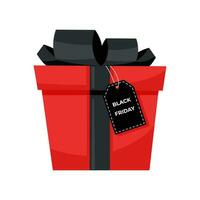 Red gift box with black label on white background. Black Friday concept. Sale concept. Shopping concept. vector