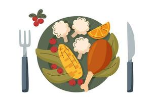 Thanksgiving plate with meat and vegetables vector