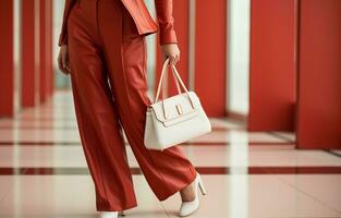 moderno mujer atuendo consistente de un rojo chaqueta, pantalones, y un blanco geométrico bolsa. ai generativo foto