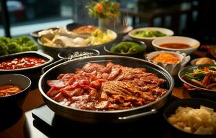 Various side dishes and galbi soup in a hot pot. AI Generative photo