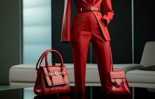 Modern woman's attire consisting of a red jacket, trousers, and a white geometric bag. AI Generative photo