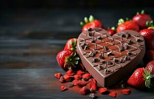 For valentine's day or another holiday, create a web banner using homemade milk chocolate with nuts and dried strawberries. Chocolate on a wooden cutboard on a gray kitchen table. AI Generative photo