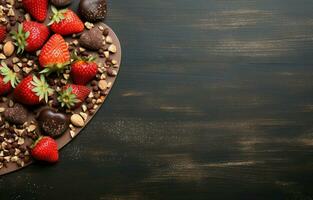 For valentine's day or another holiday, create a web banner using homemade milk chocolate with nuts and dried strawberries. Chocolate on a wooden cutboard on a gray kitchen table. AI Generative photo