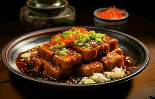 Fried stinky tofu served with pickled vegetables and sauce. Over a dish, served on plastic. AI Generative photo